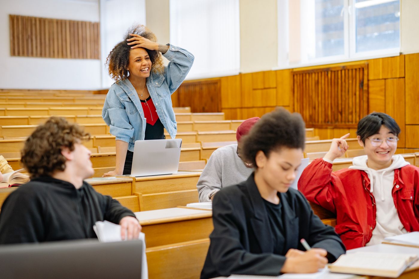 College students collaborating in a contemporary classroom